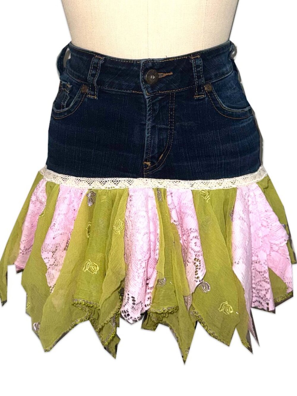 upcycled silver jeans with vintage scarf & tablecloth patchwork ♡